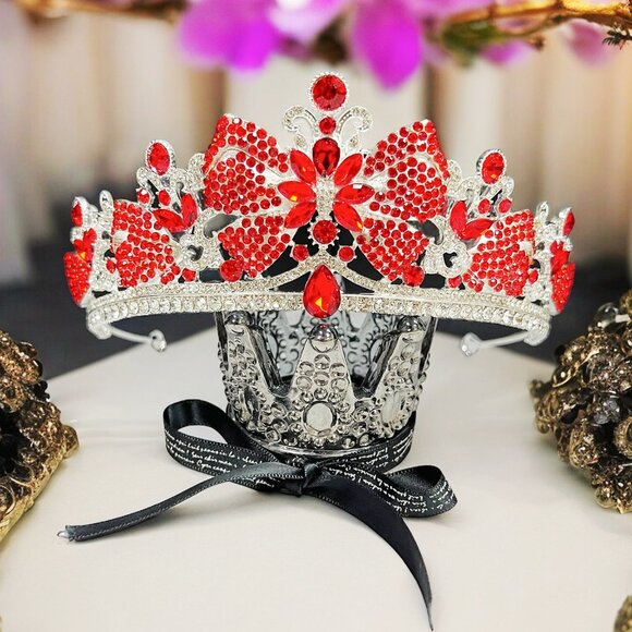 Vintage silver Crown, Red bow tiara, Classic wedding Crown, Crystal Crown Tiara - Picture 6 of 10